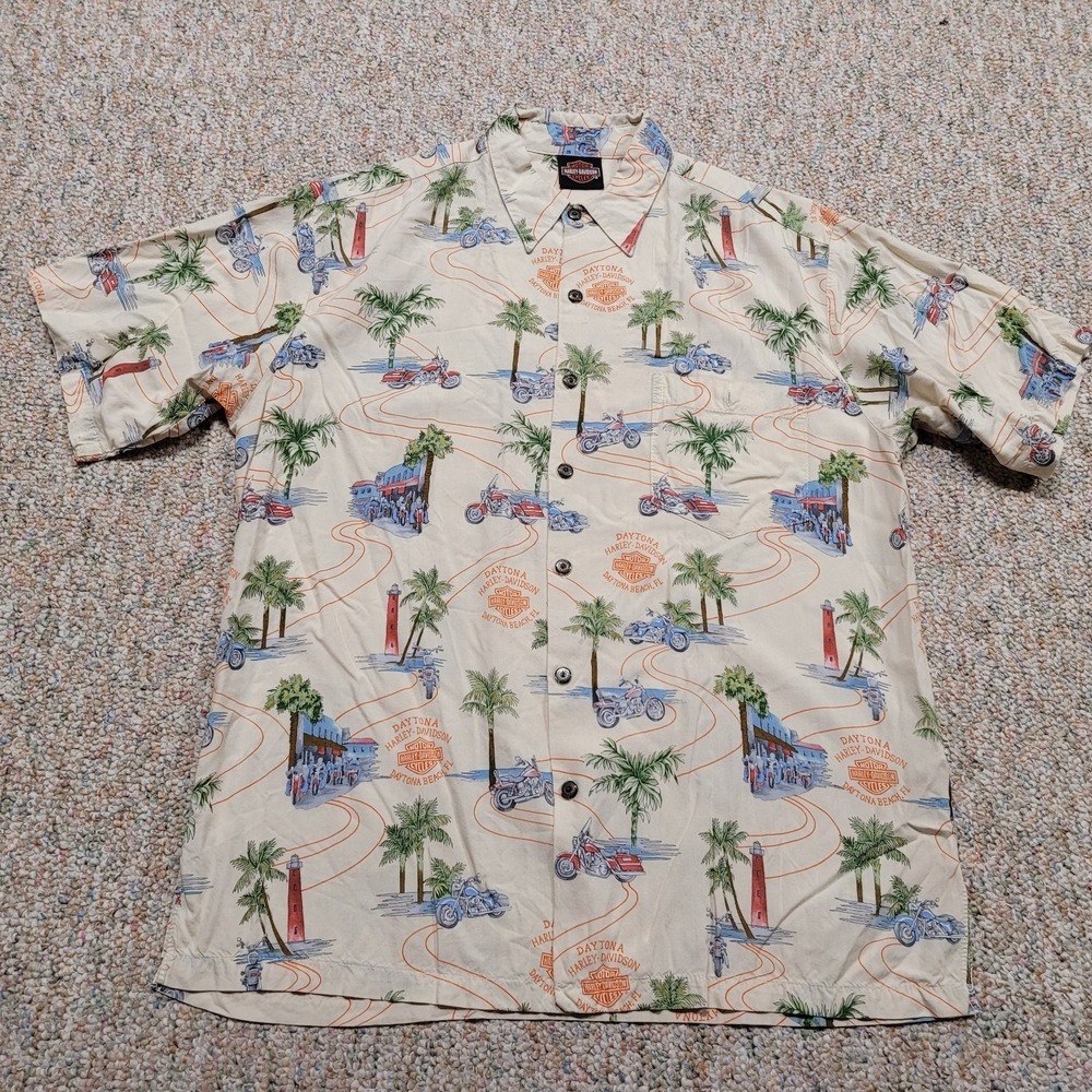 Harley Davidson Tori Richard Hawaiian Shirt Men Medium Palm Motorcycle Button Up